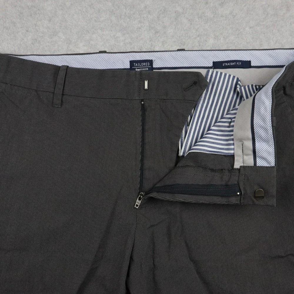 Gap Pants Mens 34x32 Tailored Khakis Straight Fit Cotton Flat Front Gray Striped